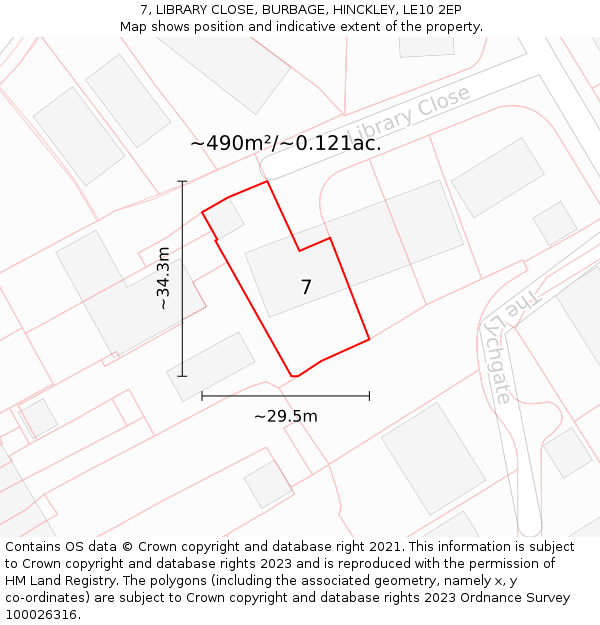 7, LIBRARY CLOSE, BURBAGE, HINCKLEY, LE10 2EP: Plot and title map