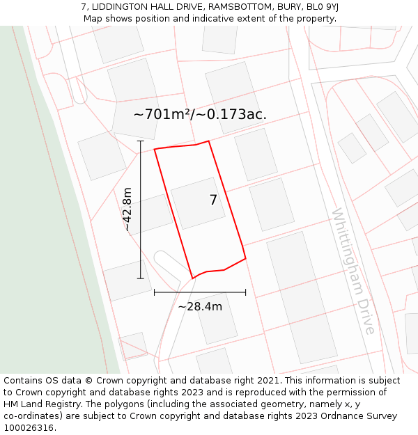 7, LIDDINGTON HALL DRIVE, RAMSBOTTOM, BURY, BL0 9YJ: Plot and title map