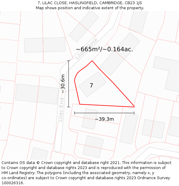 7, LILAC CLOSE, HASLINGFIELD, CAMBRIDGE, CB23 1JS: Plot and title map