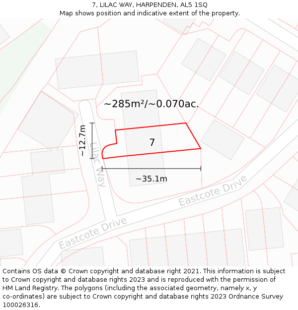 7, LILAC WAY, HARPENDEN, AL5 1SQ: Plot and title map