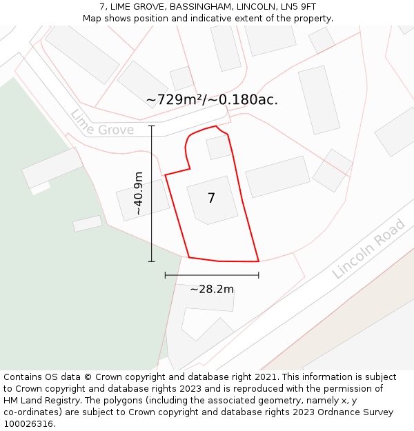 7, LIME GROVE, BASSINGHAM, LINCOLN, LN5 9FT: Plot and title map