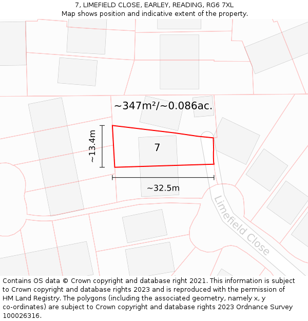 7, LIMEFIELD CLOSE, EARLEY, READING, RG6 7XL: Plot and title map
