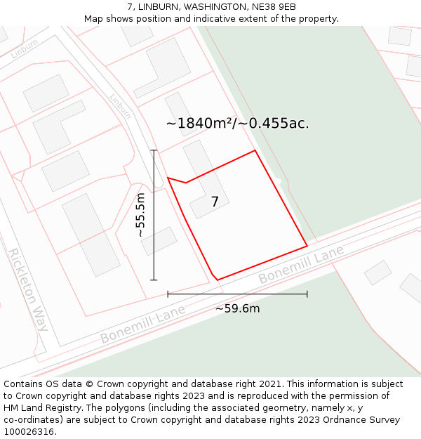 7, LINBURN, WASHINGTON, NE38 9EB: Plot and title map