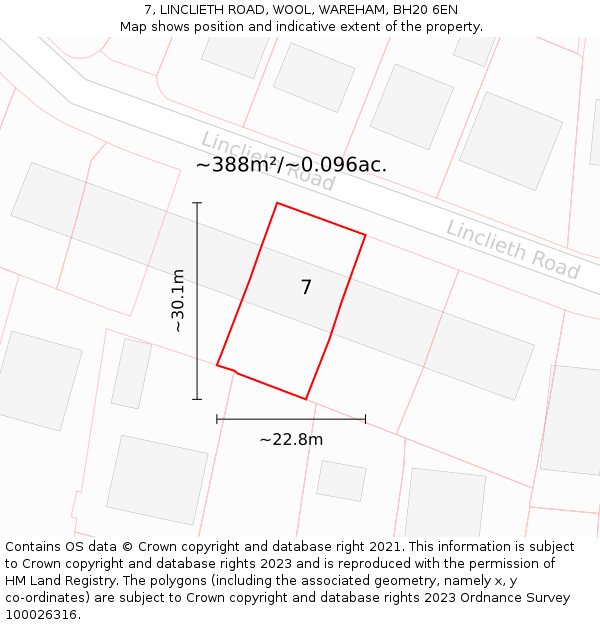 7, LINCLIETH ROAD, WOOL, WAREHAM, BH20 6EN: Plot and title map