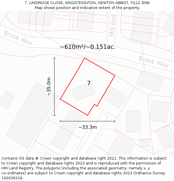 7, LINDRIDGE CLOSE, KINGSTEIGNTON, NEWTON ABBOT, TQ12 3NW: Plot and title map