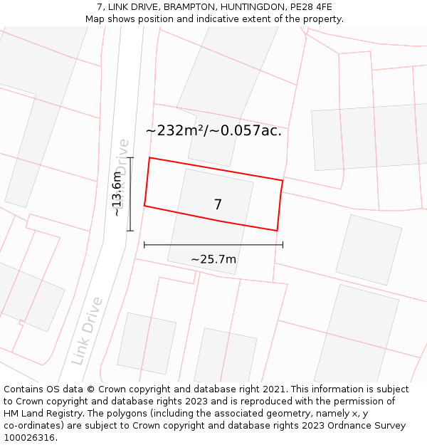 7, LINK DRIVE, BRAMPTON, HUNTINGDON, PE28 4FE: Plot and title map