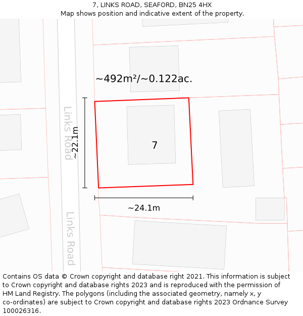 7, LINKS ROAD, SEAFORD, BN25 4HX: Plot and title map