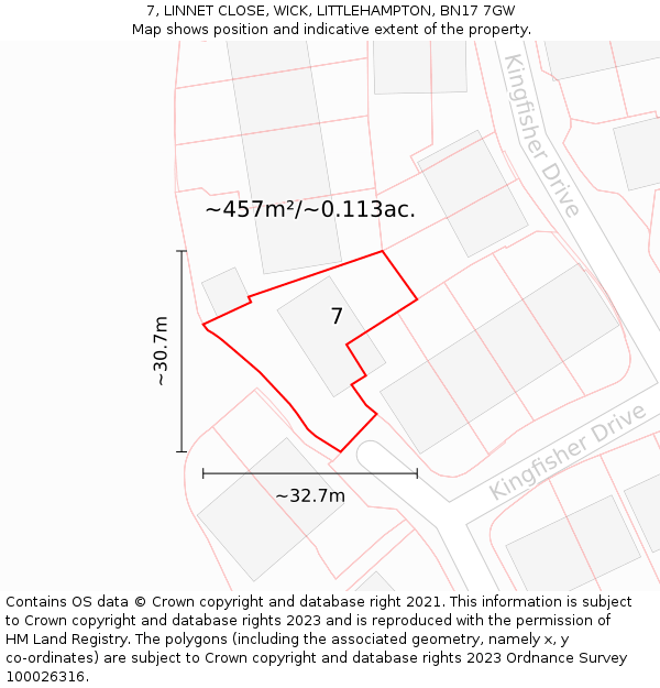 7, LINNET CLOSE, WICK, LITTLEHAMPTON, BN17 7GW: Plot and title map