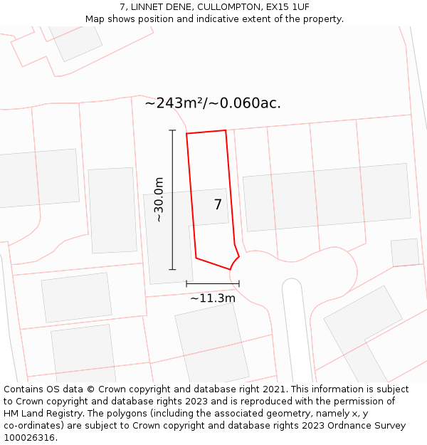 7, LINNET DENE, CULLOMPTON, EX15 1UF: Plot and title map
