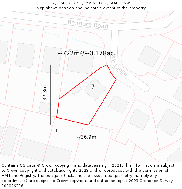 7, LISLE CLOSE, LYMINGTON, SO41 3NW: Plot and title map