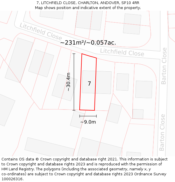 7, LITCHFIELD CLOSE, CHARLTON, ANDOVER, SP10 4RR: Plot and title map