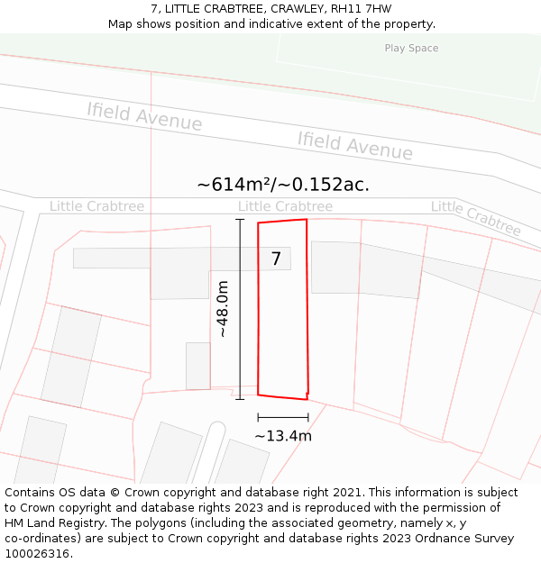 7, LITTLE CRABTREE, CRAWLEY, RH11 7HW: Plot and title map
