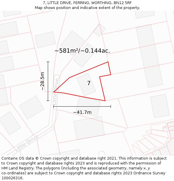 7, LITTLE DRIVE, FERRING, WORTHING, BN12 5RF: Plot and title map