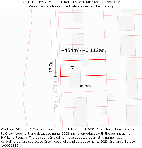 7, LITTLE INGS CLOSE, CHURCH FENTON, TADCASTER, LS24 9RZ: Plot and title map