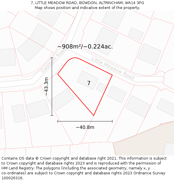 7, LITTLE MEADOW ROAD, BOWDON, ALTRINCHAM, WA14 3PG: Plot and title map