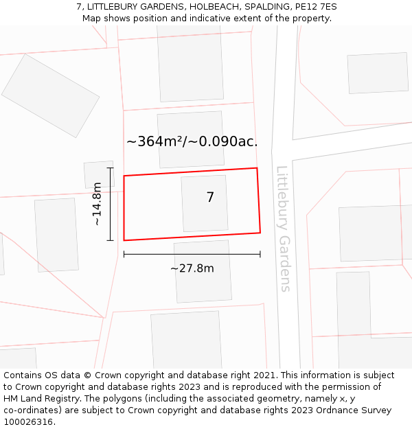 7, LITTLEBURY GARDENS, HOLBEACH, SPALDING, PE12 7ES: Plot and title map