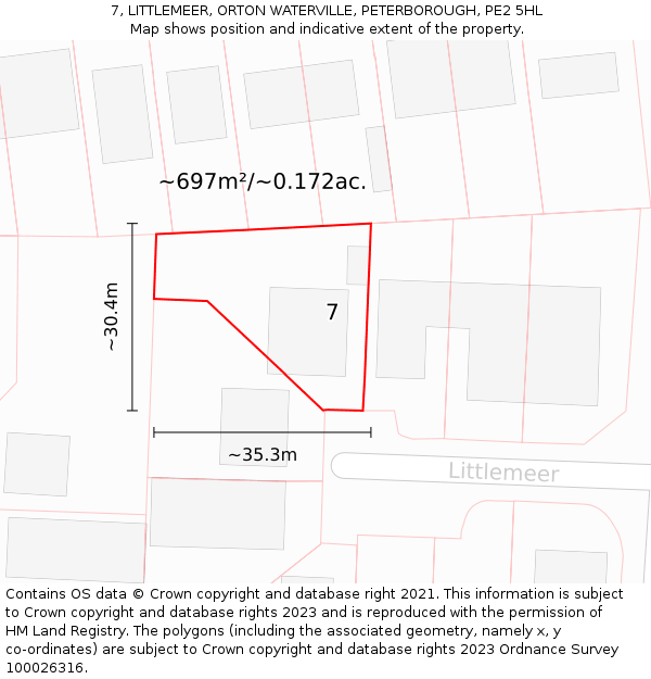7, LITTLEMEER, ORTON WATERVILLE, PETERBOROUGH, PE2 5HL: Plot and title map