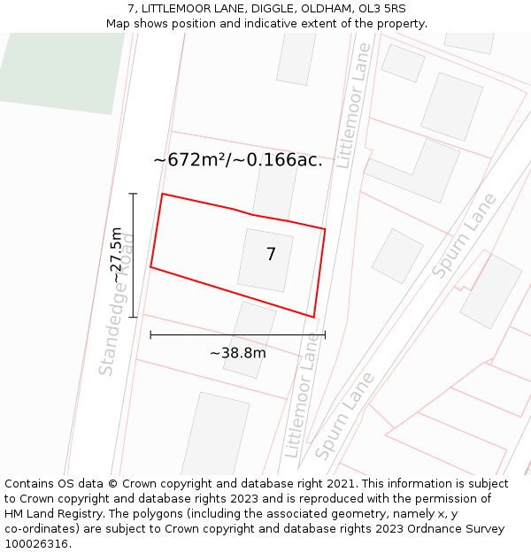 7, LITTLEMOOR LANE, DIGGLE, OLDHAM, OL3 5RS: Plot and title map
