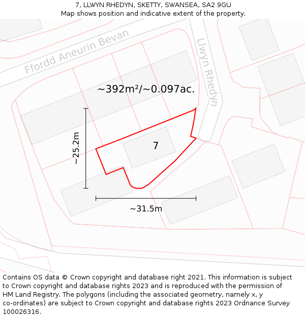 7, LLWYN RHEDYN, SKETTY, SWANSEA, SA2 9GU: Plot and title map
