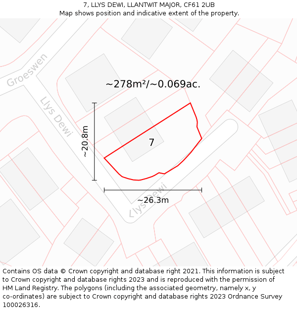 7, LLYS DEWI, LLANTWIT MAJOR, CF61 2UB: Plot and title map