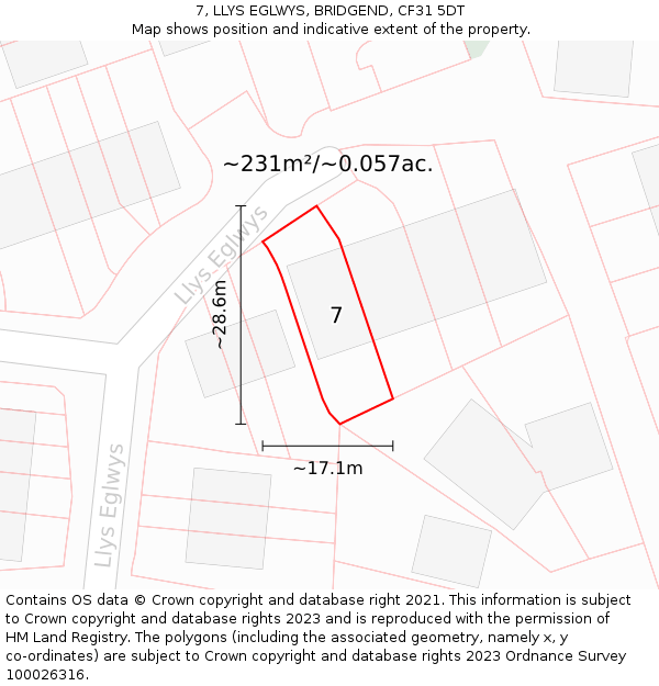 7, LLYS EGLWYS, BRIDGEND, CF31 5DT: Plot and title map