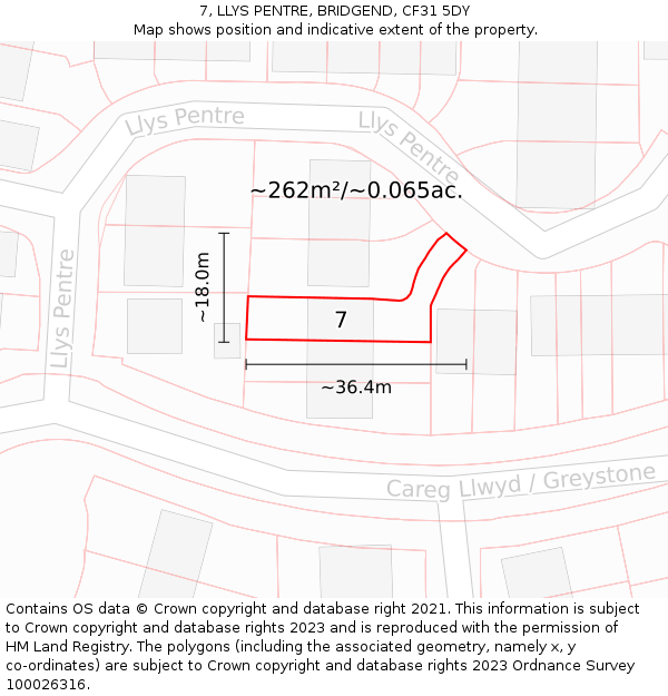 7, LLYS PENTRE, BRIDGEND, CF31 5DY: Plot and title map