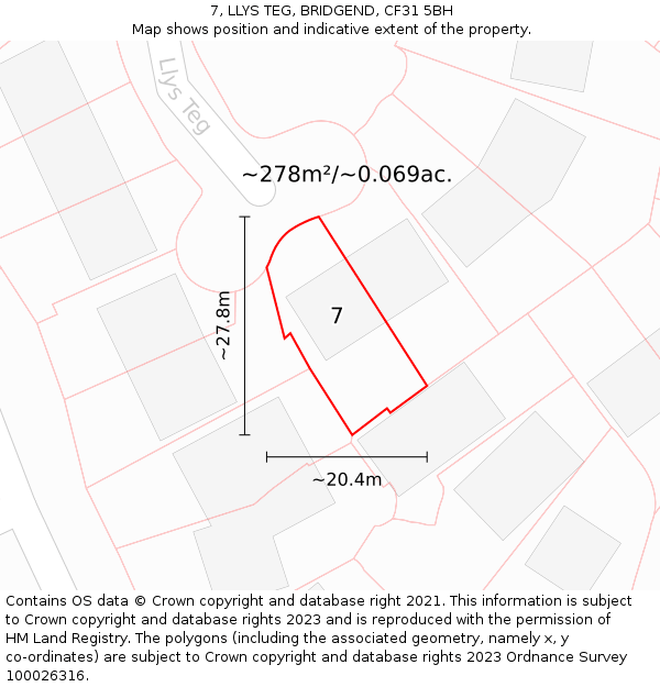 7, LLYS TEG, BRIDGEND, CF31 5BH: Plot and title map