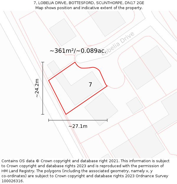7, LOBELIA DRIVE, BOTTESFORD, SCUNTHORPE, DN17 2GE: Plot and title map