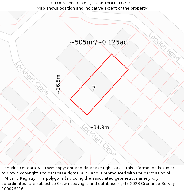 7, LOCKHART CLOSE, DUNSTABLE, LU6 3EF: Plot and title map