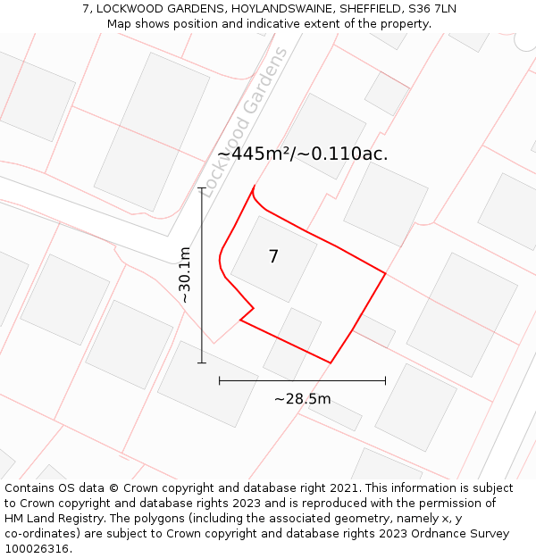 7, LOCKWOOD GARDENS, HOYLANDSWAINE, SHEFFIELD, S36 7LN: Plot and title map