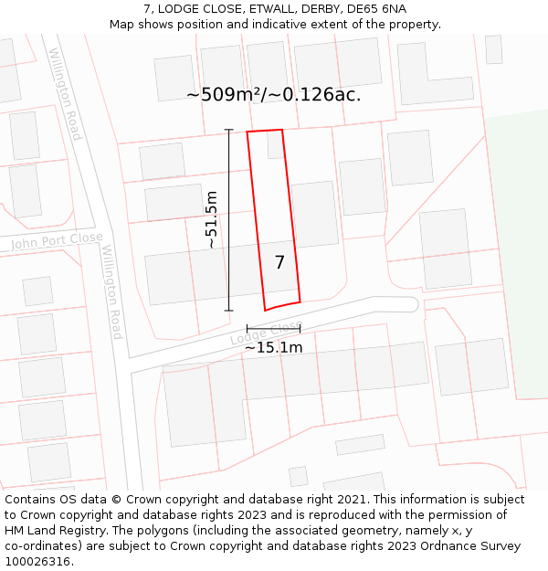 7, LODGE CLOSE, ETWALL, DERBY, DE65 6NA: Plot and title map