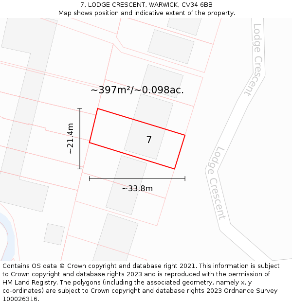 7, LODGE CRESCENT, WARWICK, CV34 6BB: Plot and title map
