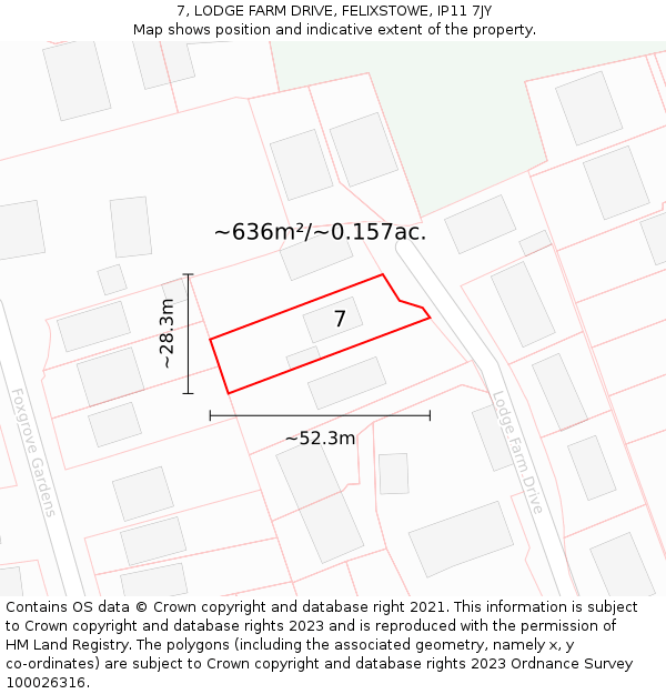 7, LODGE FARM DRIVE, FELIXSTOWE, IP11 7JY: Plot and title map
