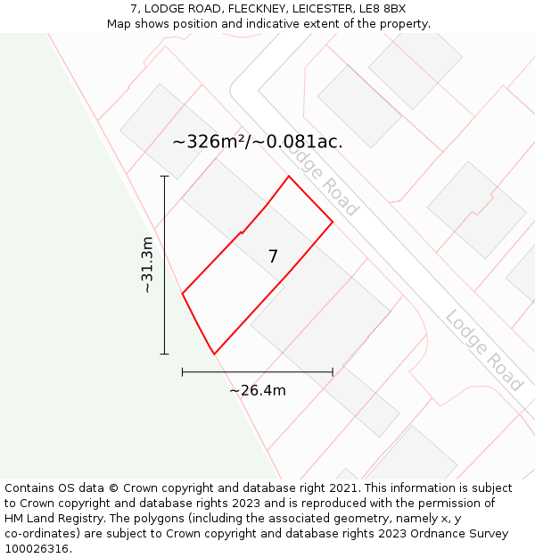 7, LODGE ROAD, FLECKNEY, LEICESTER, LE8 8BX: Plot and title map