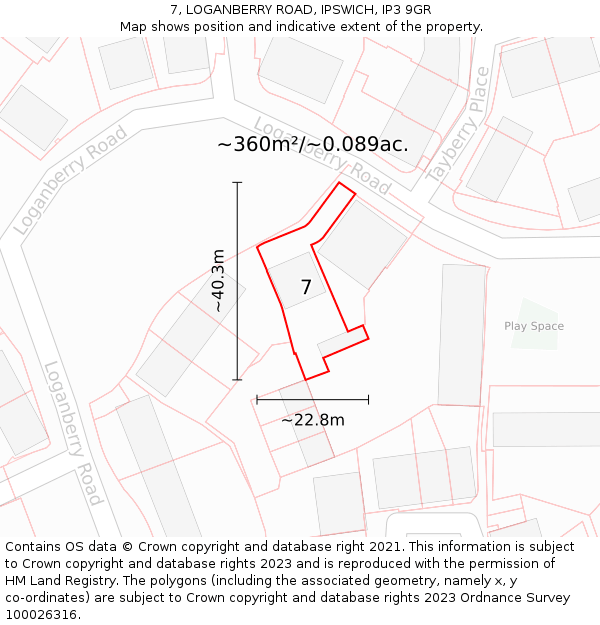 7, LOGANBERRY ROAD, IPSWICH, IP3 9GR: Plot and title map
