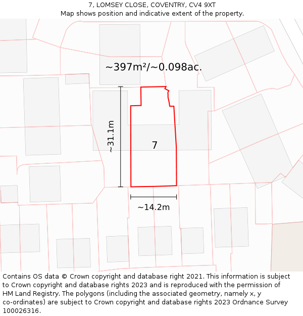 7, LOMSEY CLOSE, COVENTRY, CV4 9XT: Plot and title map