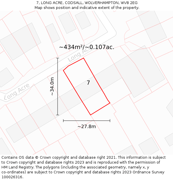 7, LONG ACRE, CODSALL, WOLVERHAMPTON, WV8 2EG: Plot and title map