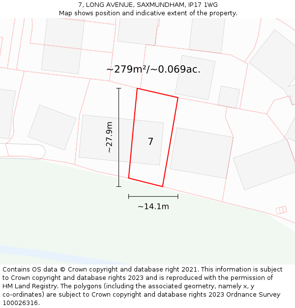 7, LONG AVENUE, SAXMUNDHAM, IP17 1WG: Plot and title map