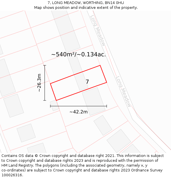 7, LONG MEADOW, WORTHING, BN14 0HU: Plot and title map