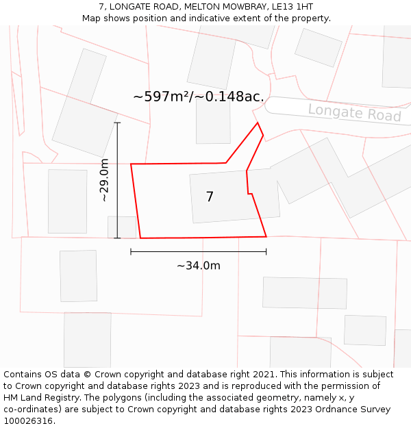 7, LONGATE ROAD, MELTON MOWBRAY, LE13 1HT: Plot and title map