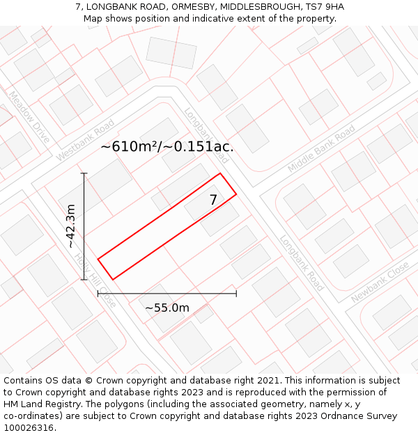 7, LONGBANK ROAD, ORMESBY, MIDDLESBROUGH, TS7 9HA: Plot and title map
