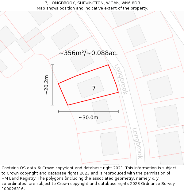 7, LONGBROOK, SHEVINGTON, WIGAN, WN6 8DB: Plot and title map