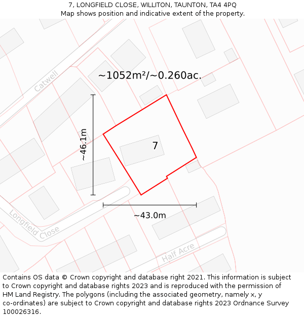 7, LONGFIELD CLOSE, WILLITON, TAUNTON, TA4 4PQ: Plot and title map