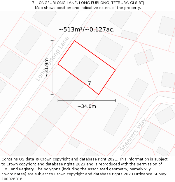 7, LONGFURLONG LANE, LONG FURLONG, TETBURY, GL8 8TJ: Plot and title map