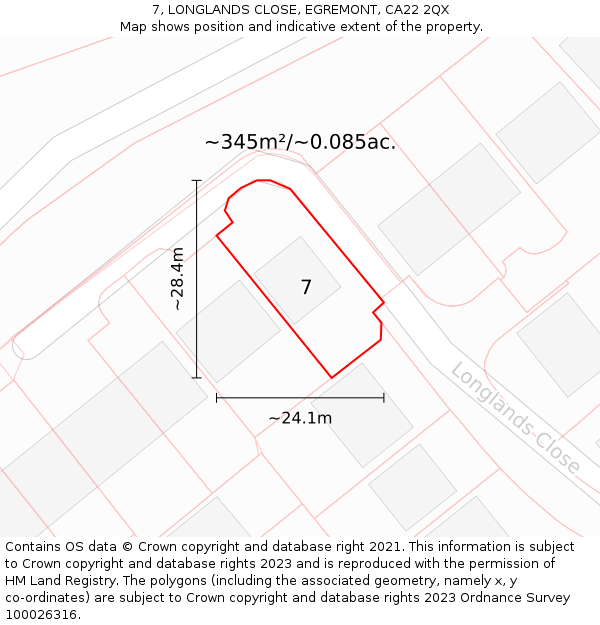 7, LONGLANDS CLOSE, EGREMONT, CA22 2QX: Plot and title map