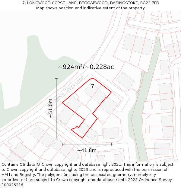 7, LONGWOOD COPSE LANE, BEGGARWOOD, BASINGSTOKE, RG23 7FD: Plot and title map