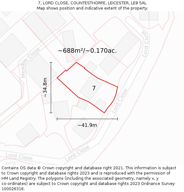 7, LORD CLOSE, COUNTESTHORPE, LEICESTER, LE8 5AL: Plot and title map