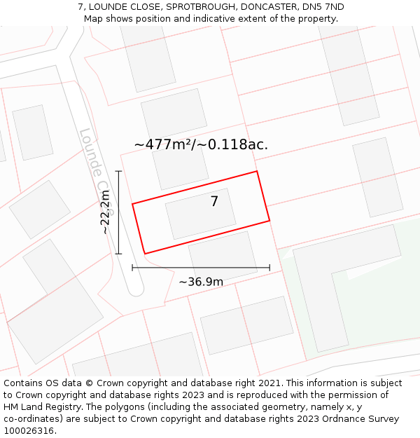 7, LOUNDE CLOSE, SPROTBROUGH, DONCASTER, DN5 7ND: Plot and title map