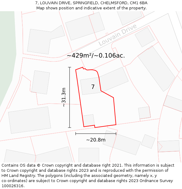 7, LOUVAIN DRIVE, SPRINGFIELD, CHELMSFORD, CM1 6BA: Plot and title map