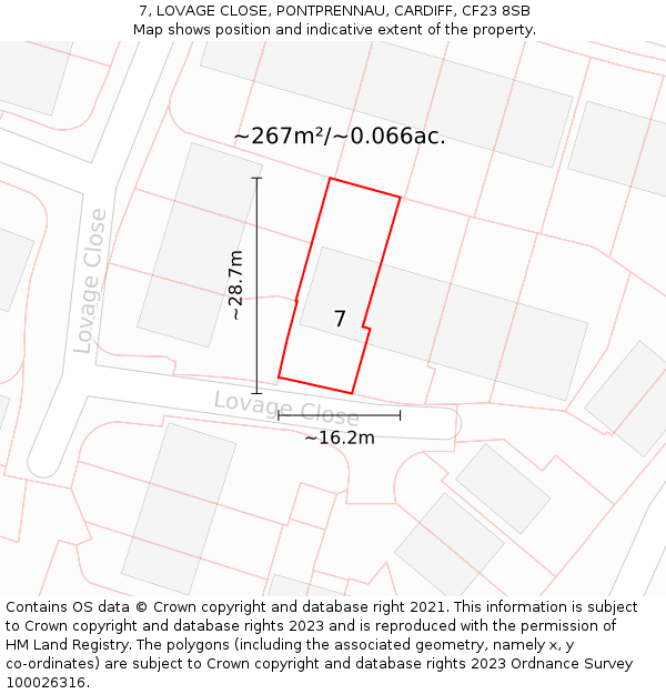 7, LOVAGE CLOSE, PONTPRENNAU, CARDIFF, CF23 8SB: Plot and title map
